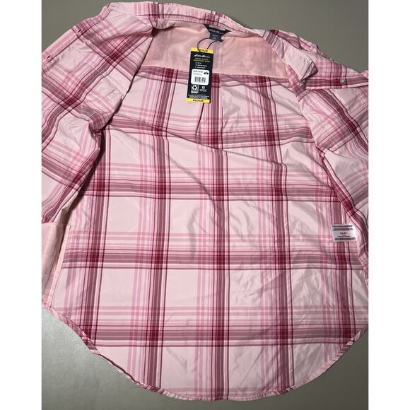 Eddie Bauer Short Sleeve Adventure Shirt Peach Starling Plaid Womens M *READ* - Picture 5 of 12